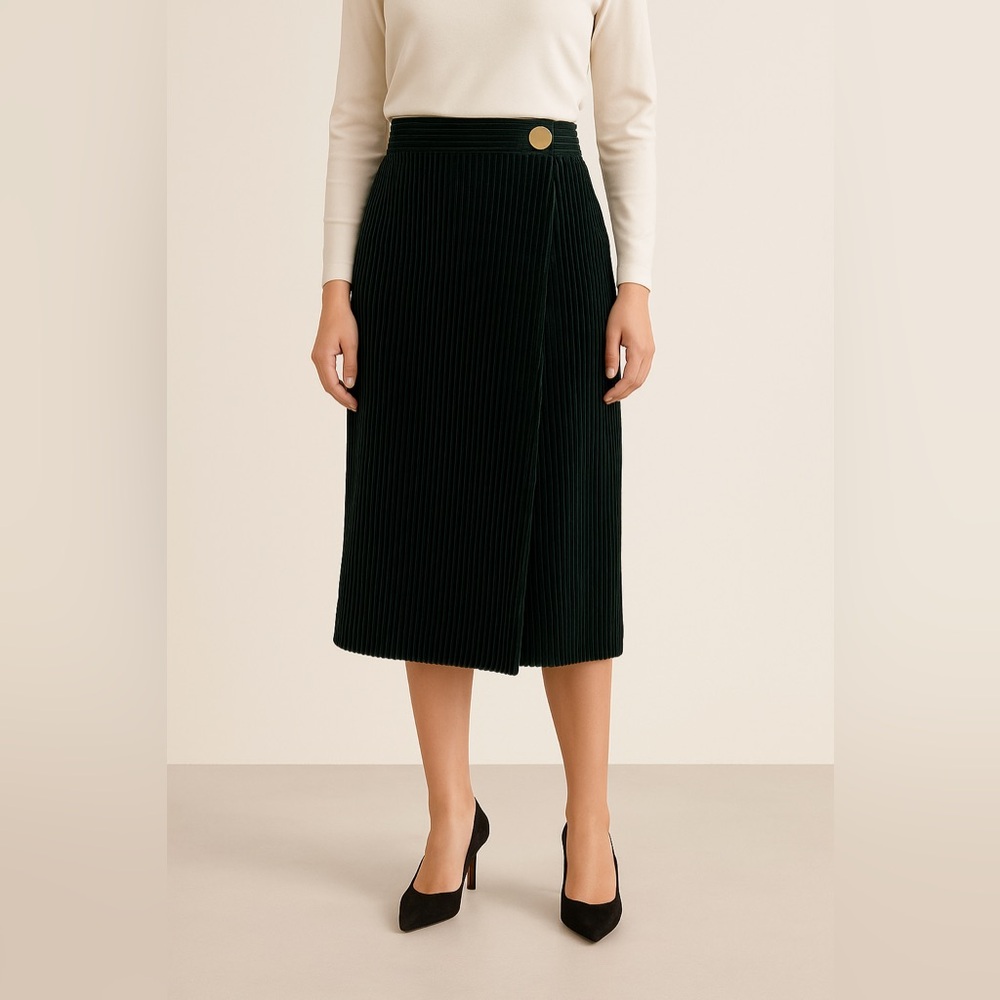 Tibi Wrap Midi‎ Skirt Women's 4 Green Corduroy Snap Front Fall Workwear Minimal